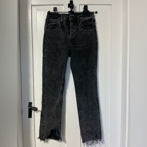 Driftwood Meg Distressed High Rise Raw irregular hem button fly black wash 25